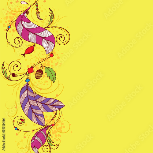 Greeting card wit feathers and beads, Floral seamless pattern. Vector. Seamless texture with flowers. Endless floral pattern. Abstract Elegance Seamless pattern with floral background.