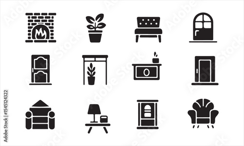 Black and White Home Interior Icons, set features simple, black and white icons of various home interior elements vector art on white