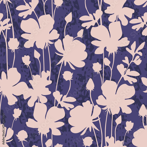 Meadow wild flowers silhouettes on dark textured background. Vector seamless pattern. Cute elegant floral background for home textiles, interiors, linens, cotton fabric, scrap book, wrapping paper.