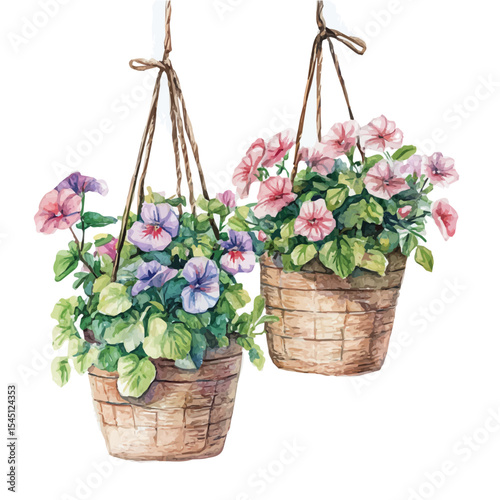 Hanging Flower Baskets Bloom, watercolor clipart vector, isolated on a white background.