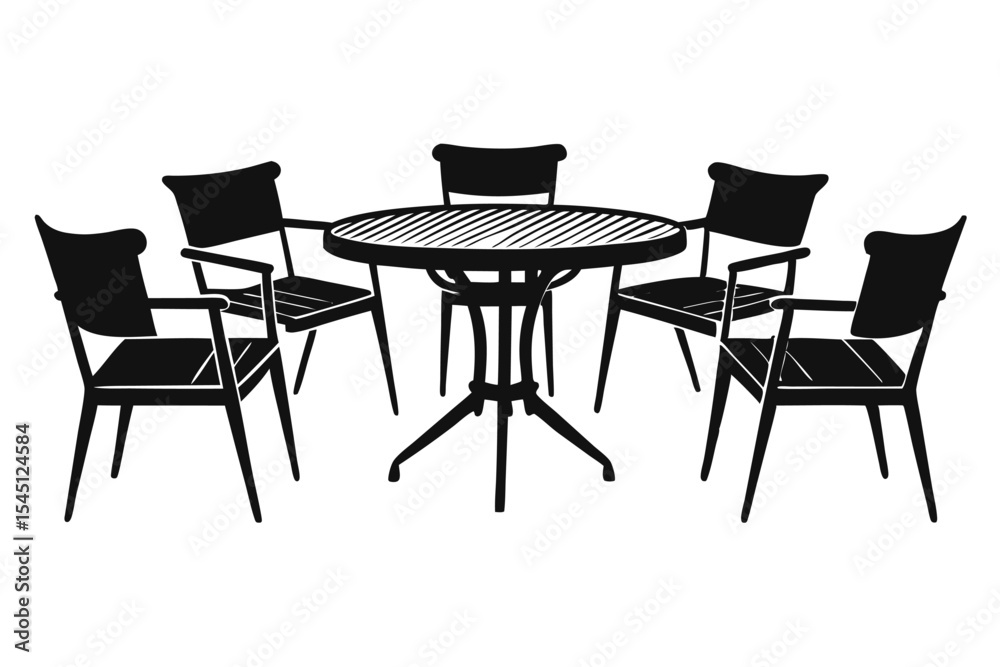 Fototapeta premium Graphic Silhouette of Outdoor Round Table Surrounded by Six Armchairs Waiting