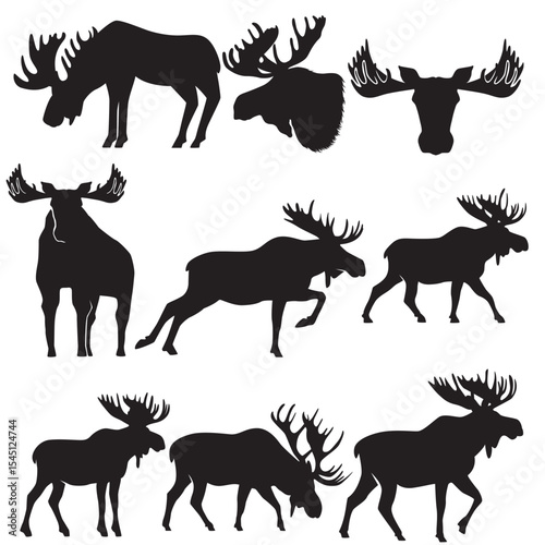 A collection Of moose silhouette in various poses, showcasing the majestic and powerful stance of this iconic animal, perfect for wildlife themed design, outdoor branding, decorations, background, etc