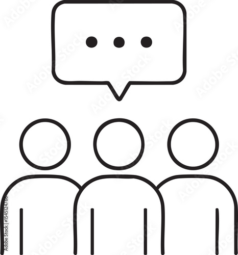 Three People Talking with a Speech Bubble Above Their Heads in a Simple Black and White Icon