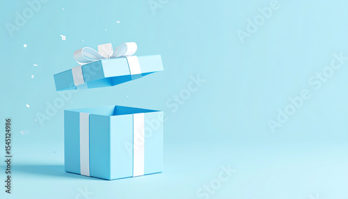 A light blue gift box with a lid slightly open, revealing a simple ribbon and floating confetti against a soft blue background