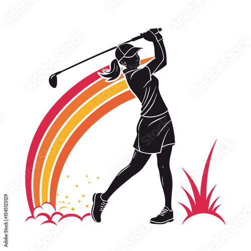 Female Golfer Silhouette with Rainbow and Stars