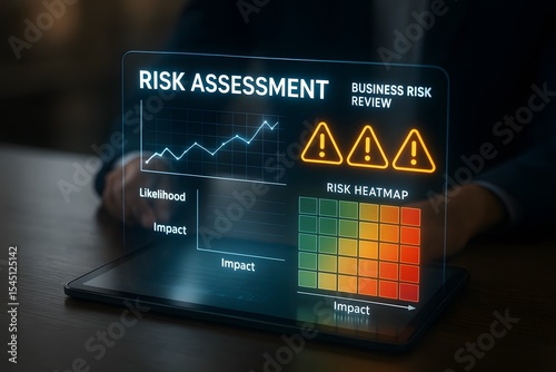 Risk assessment analysis shown on a digital tablet screen.  A person's hands are visible interacting with the screen, showcasing charts, graphs, and warning signs.