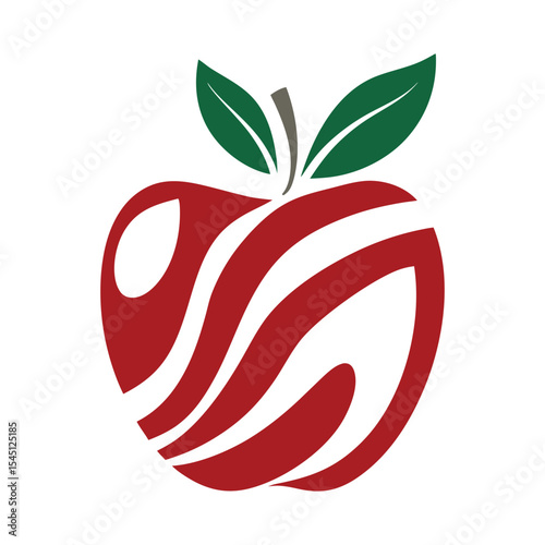Abstract Red Apple Logo Design with Green Leaves Swirling Pattern White Background Simple Minimalist Branding Icon