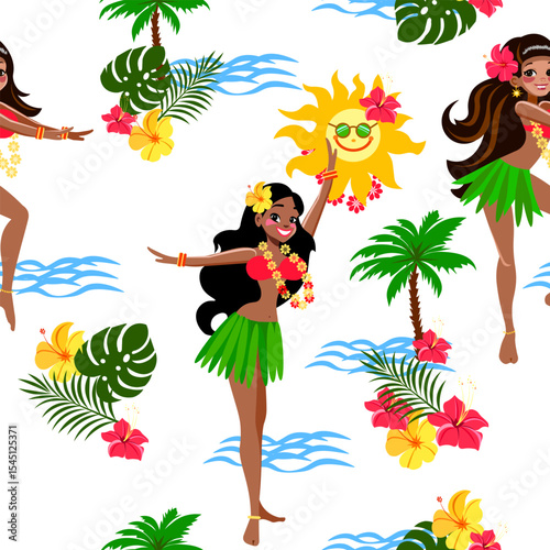 seamless pattern hawaiian girls dancing