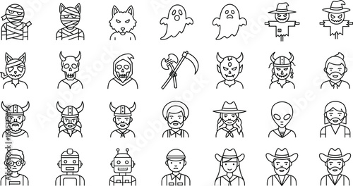 Festive Halloween and Character Icons Featuring Spooky Figures, Costumes, and Imaginary Beings for Creative Design