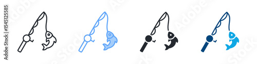 Fishing Icon Set Multiple Style. Design In Outline, Blue, Glyph, Dual Tone