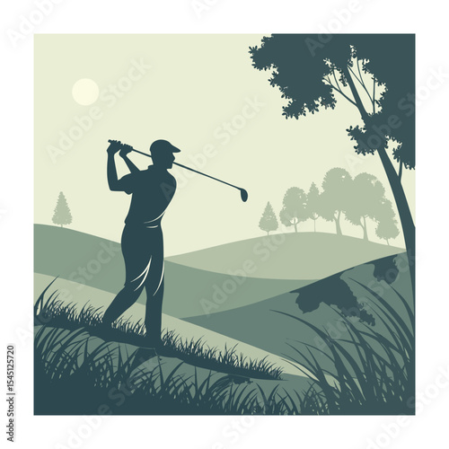 Silhouette Golfer Teeing Off: Golfing Illustration on a Beautiful Course