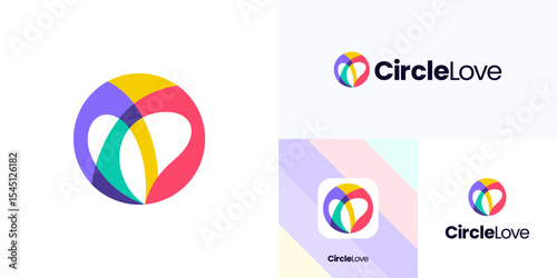 Modern love shape with negative space in circle, Logo icon design illustration element template, Symbol heart with overlapping colorful  flat dynamic vibrant for brand identity and business company