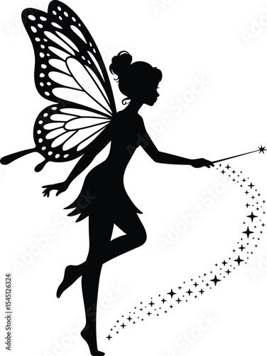Magical Fairy Silhouette with Butterfly Wings Enchanting Pixie Holding a Wand with Sparkling Trail, Symbolizing Fantasy, Dreams, Wishes, and Childhood Wonder on White Background
