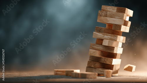 Jenga tower falling into different sides symbolic business