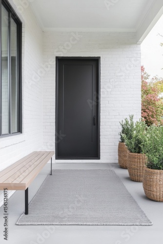 A contemporary entrance featuring a sleek black door is beautifully complemented by decorative planters, all illuminated by the bright sunlight on a sunny day