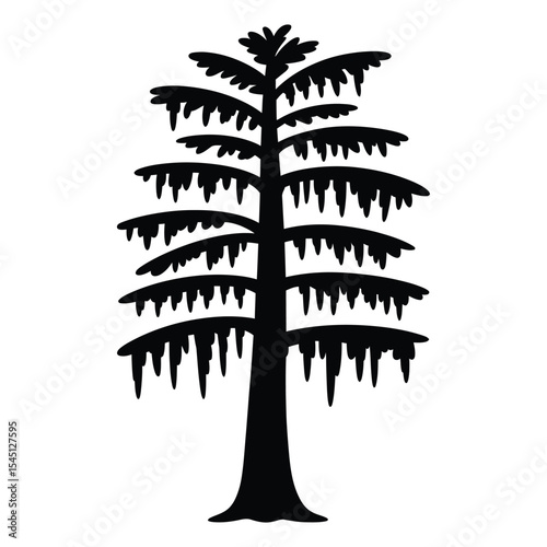A black silhouette of a tall evergreen tree against a white background