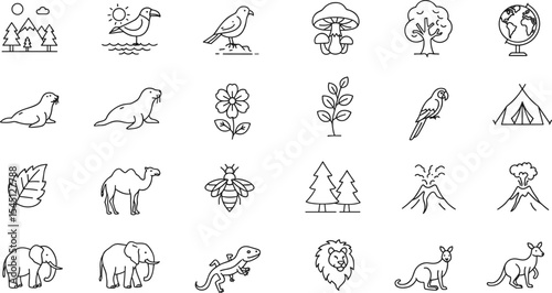 Nature and Wildlife Line Icons Set Mountains, Sun, Birds, Plants, Animals, Tent, Volcano, and Globe for Outdoor Activities and Environmental Exploration