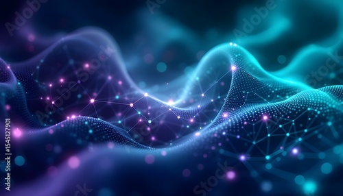 Glowing digital mesh background with interconnected nodes and smooth gradient transitions in teal and purple .