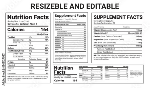 Nutrition and supplement facts label template, Editable nutrition facts design for food and health products packaging