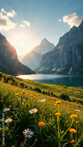 Lush Green Field with Wildflowers and Majestic Mountains Isolated on Transparent Background for Travel and Wellness Marketing