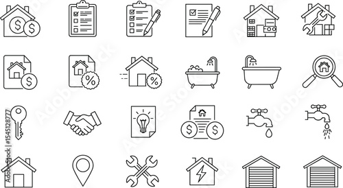 Real Estate and Home Services Line Icons Set House, Money, Checklist, Contract, Mortgage, Renovation, Plumbing, Loan, Key, and Property Management Symbols for Housing