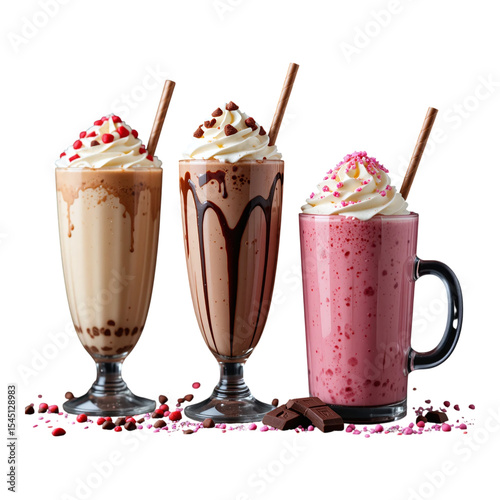 Chocolate and strawberry milkshakes with cream and sprinkles dessert isolated on transparent background
