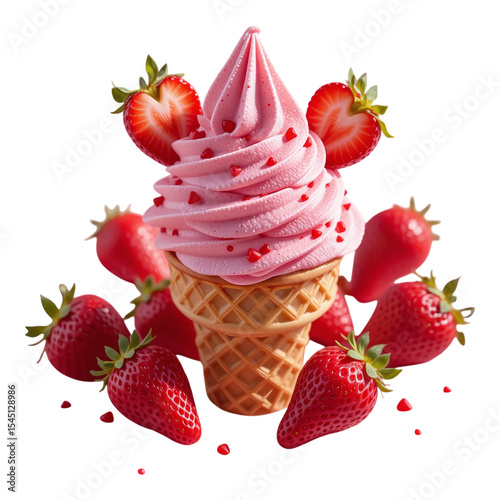 Strawberry ice cream in waffle cone with fresh fruit and cream dessert isolated on transparent background
