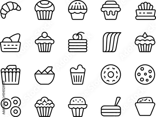 Sweet Bakery and Dessert Line Icons Set Croissant, Cupcake, Muffin, Pancake, Donut, Cookie, and Pastries for Cafes, Bakeries, and Delicious Food Concepts