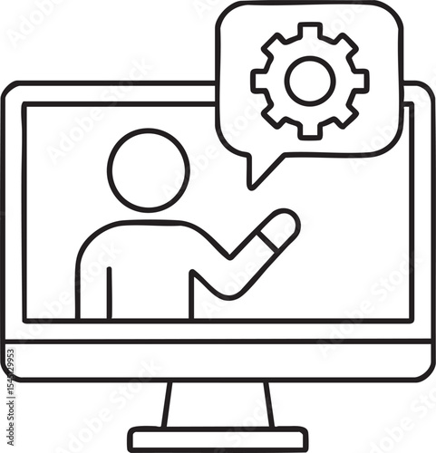 Online Technical Support Icon Depicting a Person Explaining Settings on a Computer Screen with a Gear