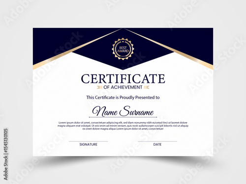 Certificate design, blue and gold modern luxury certificate of achievement template
