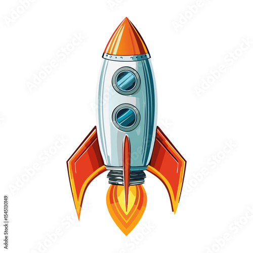 A vibrant and colorful illustration of a classic rocket ship with orange fins and a fiery yellow exhaust blast