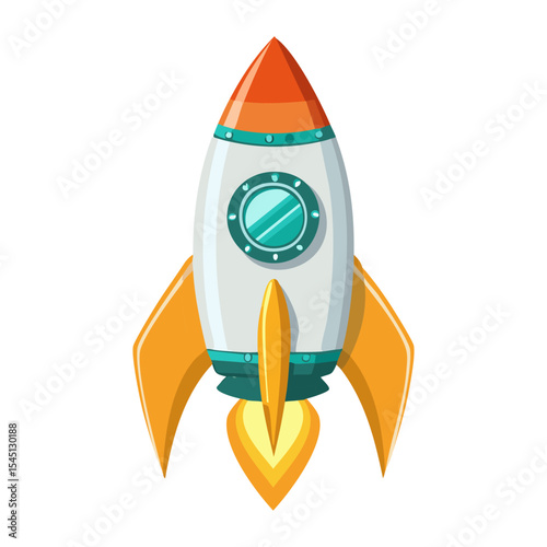 A retro styled rocket ship with orange fins and a bright yellow fiery exhaust