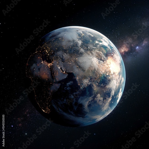 The Blue Planet, Earth, shines beautifully against the dark backdrop of space, showcasing vibrant oceans and lush green landscapes, representing life in the vast cosmos.