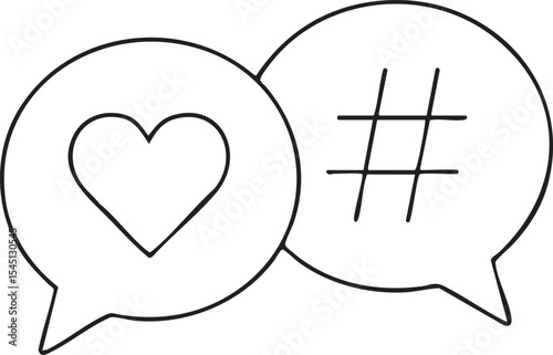 Social Media Engagement Heart and Hashtag Speech Bubbles Representing Likes and Trending Topics in a Clean Design