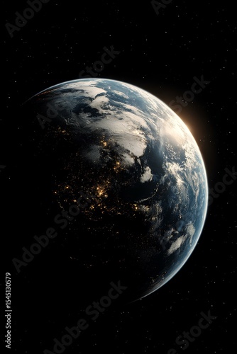 The Blue Planet, Earth, glistens in the dark expanse of space, its vibrant blue oceans and green continents showcasing the beauty of life amidst the cosmos' vastness.