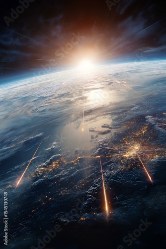 Earth floats majestically in the dark expanse of space, illuminated by the shimmering stars. Its vibrant blue oceans and green continents stand out against the cosmic void.
