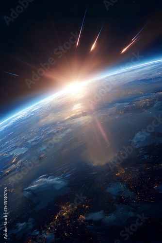 Earth orbits in the vast dark cosmos, shining brightly amidst the stars. Its blue oceans and green landscapes create a striking contrast against the infinite black of space.