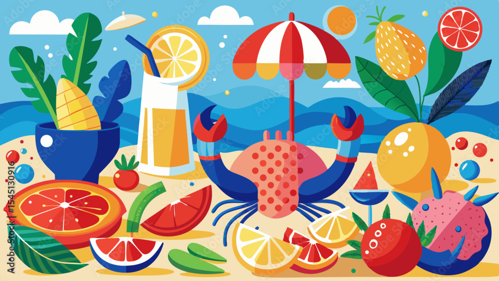 Naklejka premium Summer's Flavorful Feast: A vibrant illustration showcasing summer fruits and refreshing beverages on a beach, complemented by a charming crab, creating a visual symphony of the season's delights.