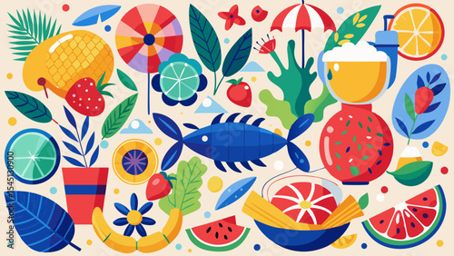 Summer Collage: A vibrant summer collage bursting with colorful fruits, flowers, fish, and refreshing drinks, capturing the carefree spirit of a summer day in a cheerful illustration.