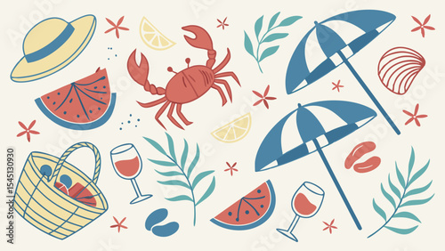 Summer Picnic Scene: A whimsical summer picnic scene, filled with a vibrant array of beach-themed elements: parasols, straw hats, tasty watermelon slices, crab, seashells.