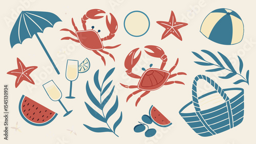 Summer Vacation: An inviting scene, a delightful collection of seaside elements come together to create a nostalgic illustration. The image conjures a feeling of happiness.