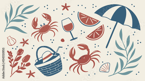 Coastal Summer Picnic: a charming graphic illustrating a delightful seaside picnic scene, featuring a crab, beach umbrella, seafood, drink, adding a touch of summery bliss. 