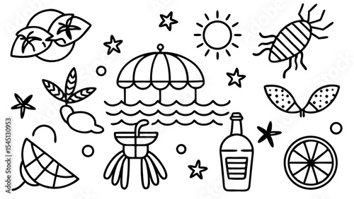 Summer Illustration: A captivating illustration brimming with summery elements, including sunshine, umbrella, cocktails, fruit, and oceanic motifs.