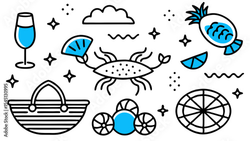 Summer picnic doodle: A vibrant, playful illustration of summer essentials including a refreshing drink, a picnic basket, and delicious fruits, all perfectly evoking the season's joy and energy.