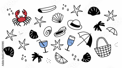 Summer Essentials: A lively illustration of a crab, seashells, starfish, and other summer items, perfect for evoking memories of sunny days and seaside adventures. 