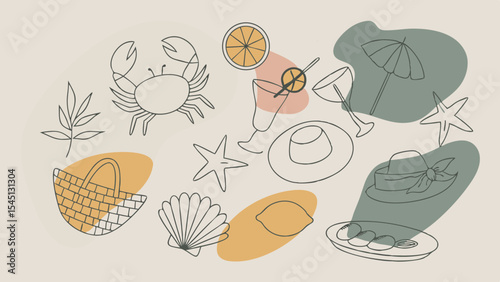 Summer Vacation Elements: The sun-kissed vacation essentials are sketched on a serene background, featuring a whimsical ensemble of summertime items, ideal for evoking memories of coastal getaways.