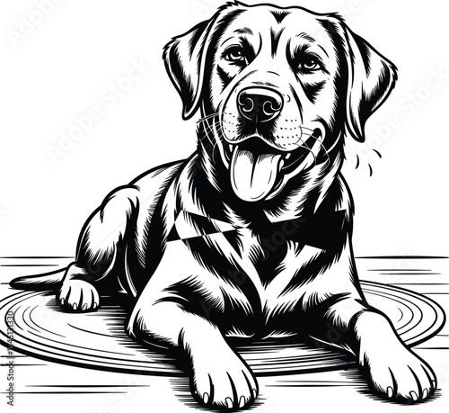 Adorable Labrador Retriever in Water: Black and White Illustration of a Happy Dog Swimming