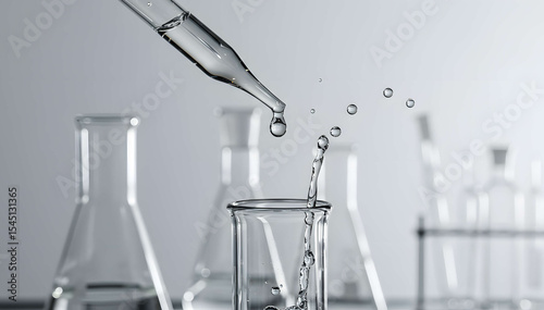 Dropping liquid into clear glass beaker, Dropping liquid into lab glass containers