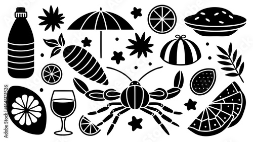 Oceanic Delights: An elegant tableau of beach-themed silhouettes, showcasing a lobster and assorted culinary treats.