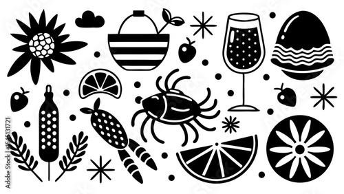 Whimsical Icons: A curated collection of illustrated elements, including flowers, beverages, and natural objects, presented in a visually appealing graphic arrangement. 